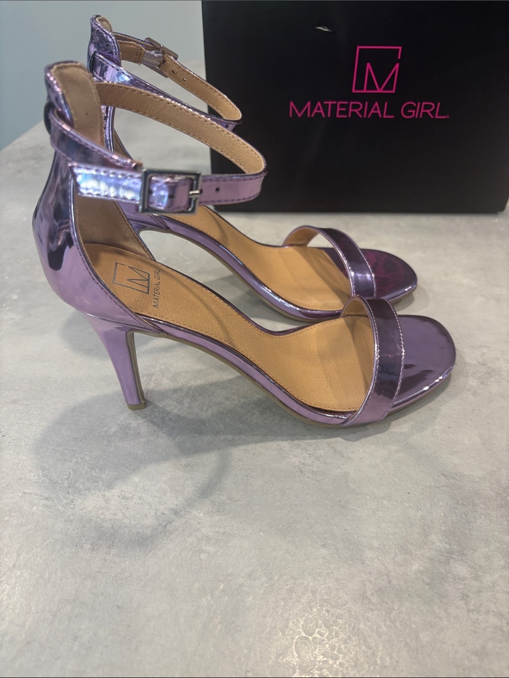 Material Girl Metallic Lavender Ankle-Strap Heels